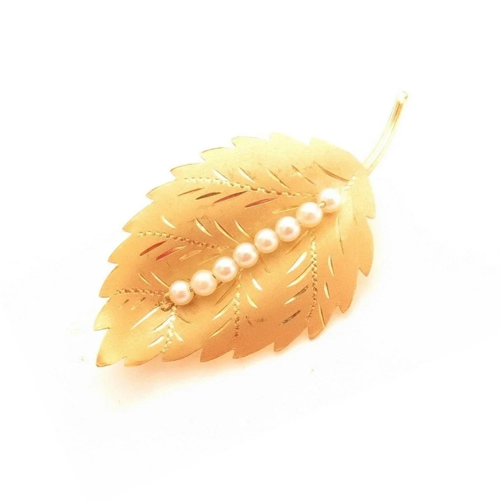 Vintage Karen Lynne KL 14K Solid Gold Pearl Leaf Floral‎ Brooch Pin 6.2g